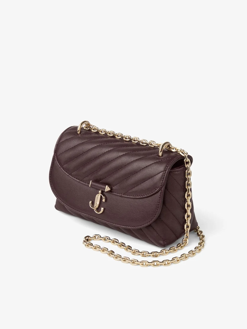 Close-up detail of the Jimmy Choo Curve Crossbody Small Deep Merlot Quilted Biker Leather Crossbody Bag