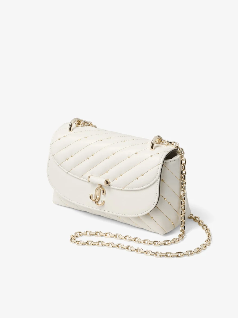 Back view of the Jimmy Choo Curve Crossbody Small Latte Quilted Nappa Leather Crossbody Bag