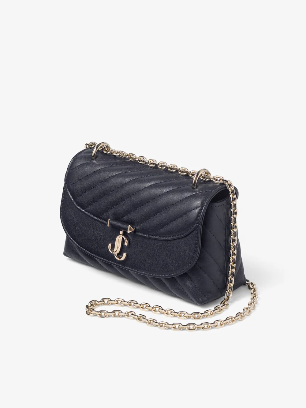 Close-up detail of the Jimmy Choo Curve Crossbody Small Marine Quilted Biker Leather Crossbody Bag