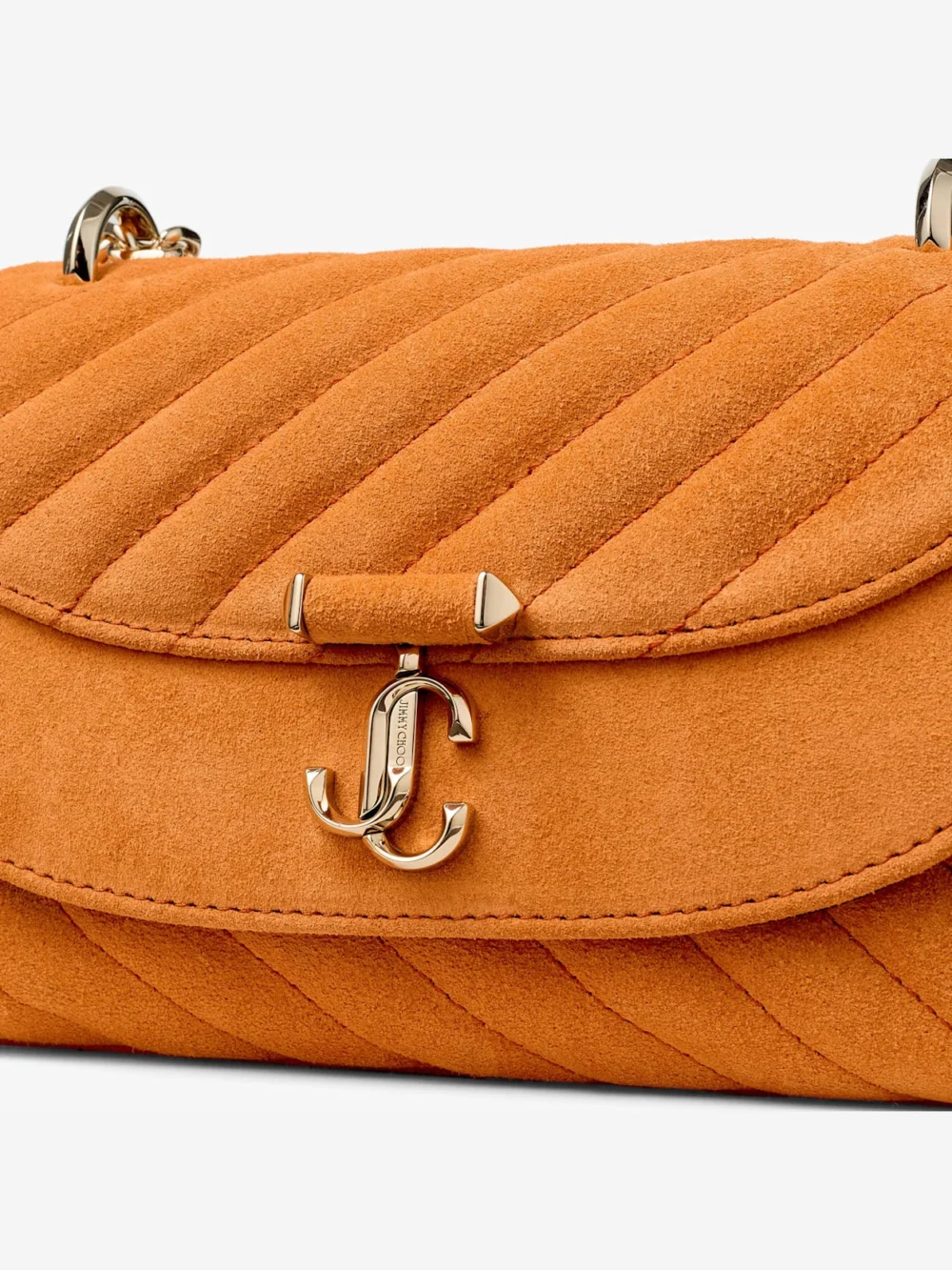 Back view of the Jimmy Choo Curve Crossbody Small Sunset Orange Quilted Suede Crossbody Bag
