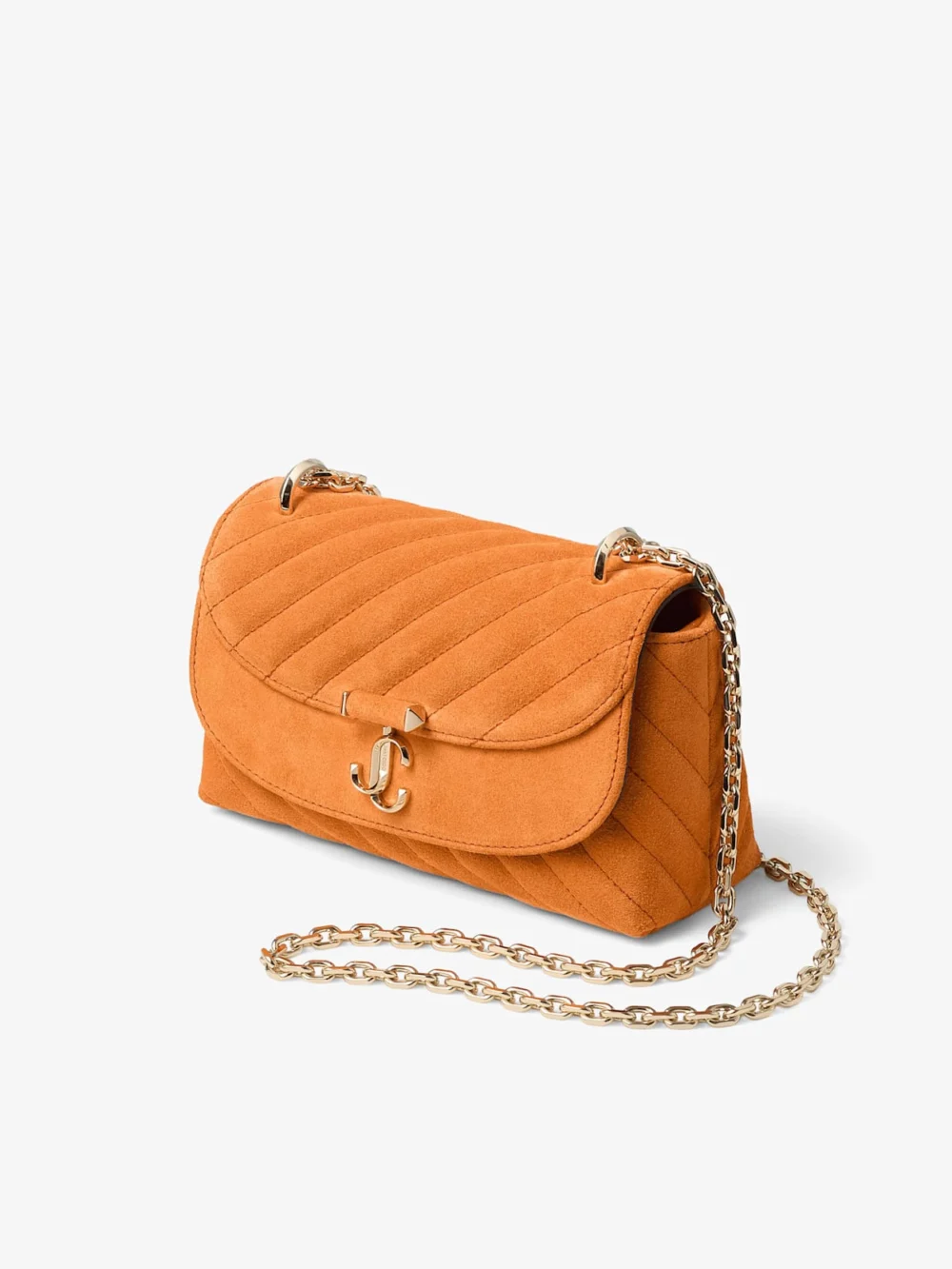 Close-up detail of the Jimmy Choo Curve Crossbody Small Sunset Orange Quilted Suede Crossbody Bag