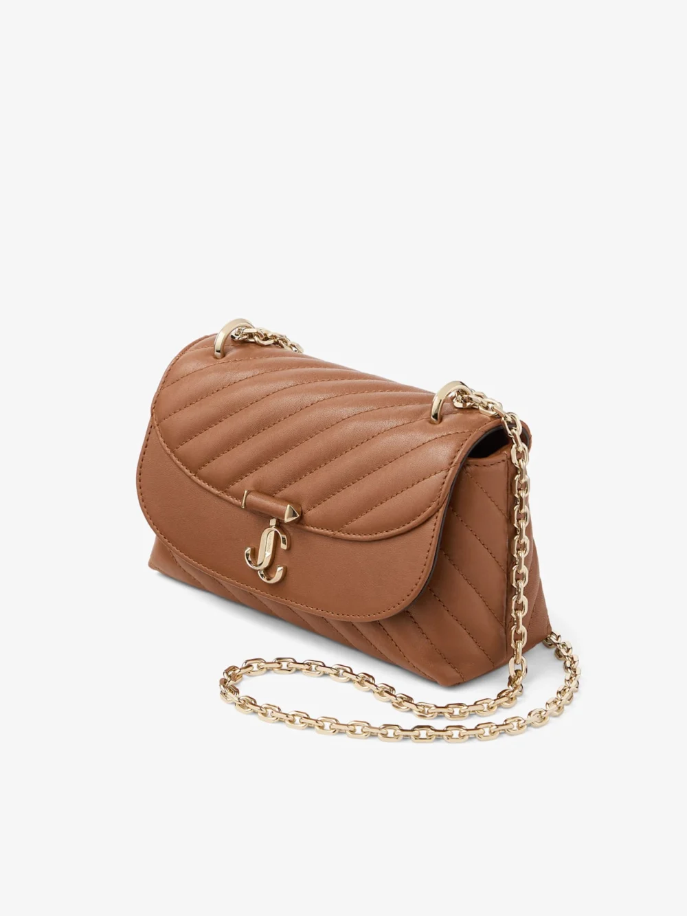 Close-up detail of the Jimmy Choo Curve Crossbody Small Tan Quilted Biker Leather Crossbody Bag