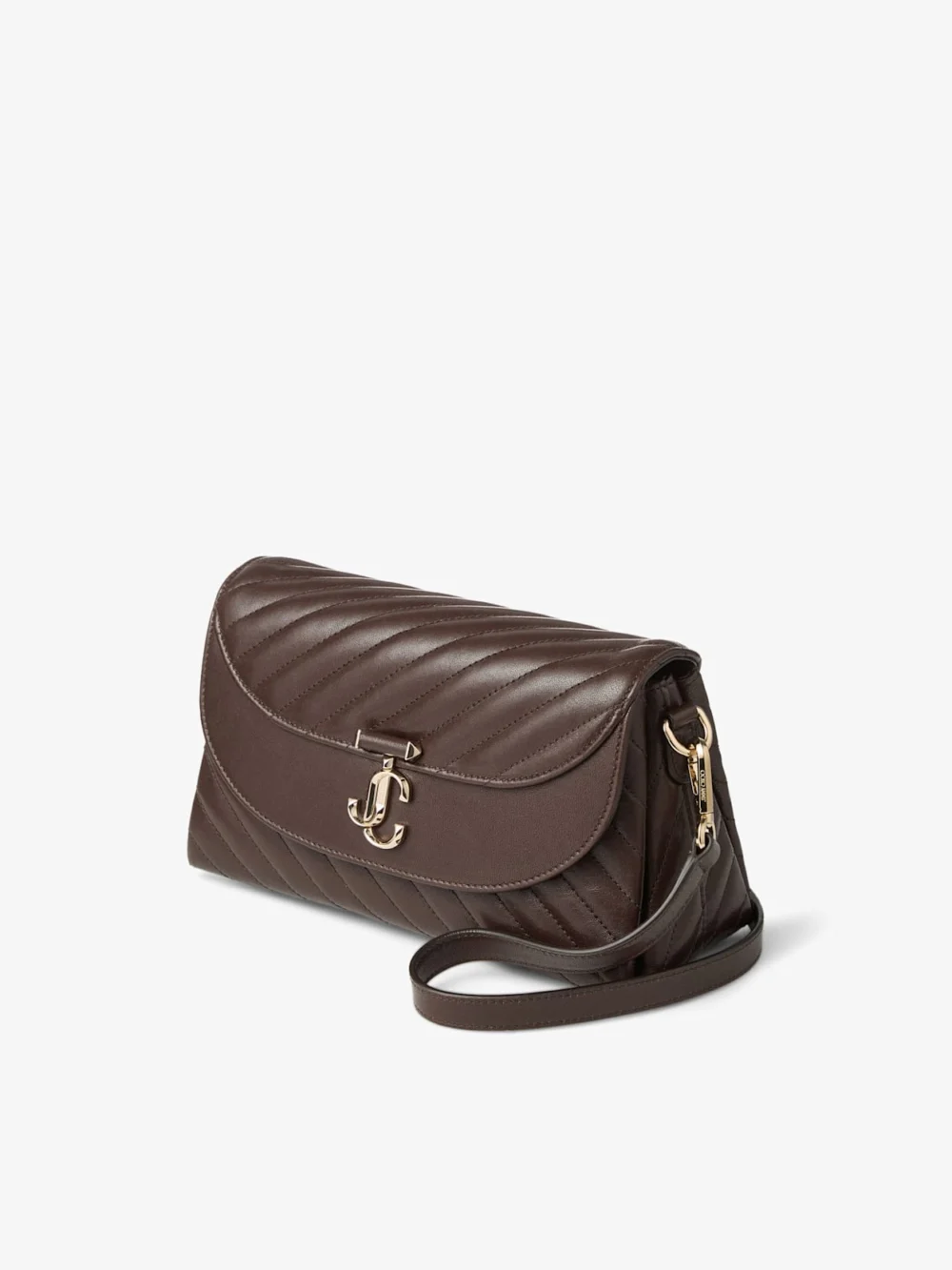 Close-up detail of the Jimmy Choo Curve Top Handle Chocolate Quilted Biker Leather Shoulder Bag with Pearl Embellishments