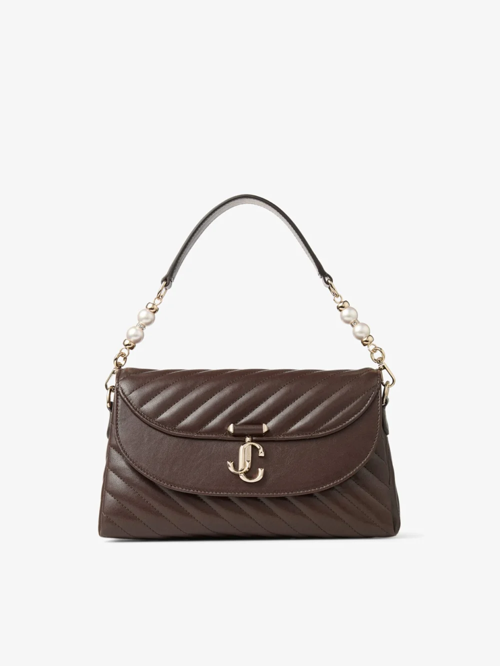 Jimmy Choo Curve Top Handle Chocolate Quilted Biker Leather Shoulder Bag with Pearl Embellishments in chocolate