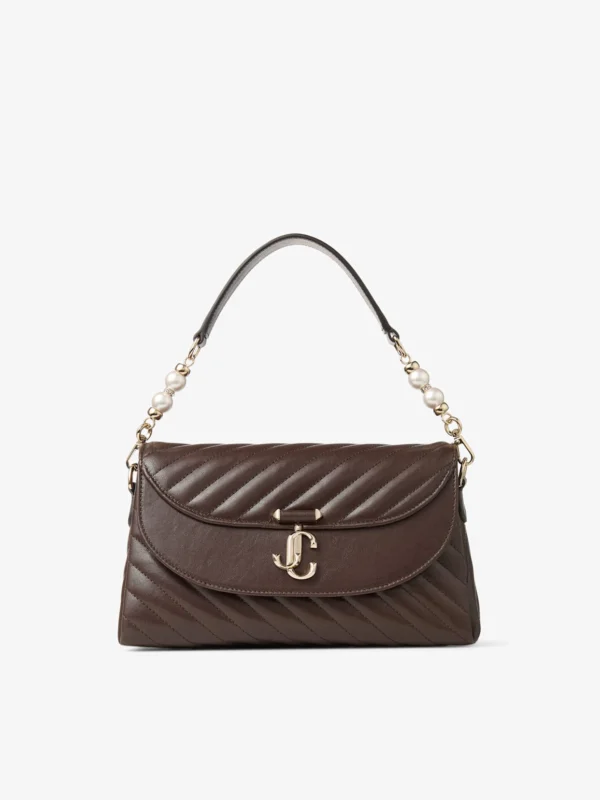 Jimmy Choo Curve Top Handle Chocolate Quilted Biker Leather Shoulder Bag with Pearl Embellishments