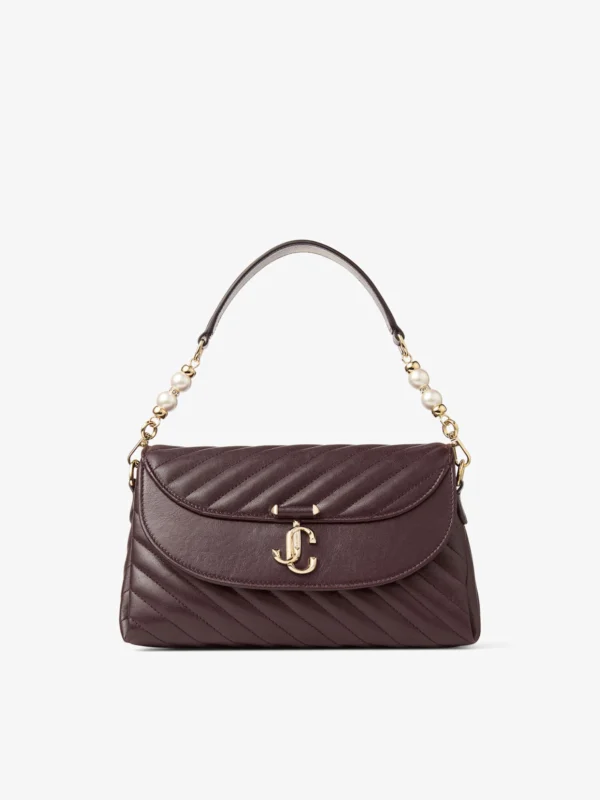 Jimmy Choo Curve Top Handle Deep Merlot Quilted Biker Leather Top Handle Bag with Pearl Embellishment
