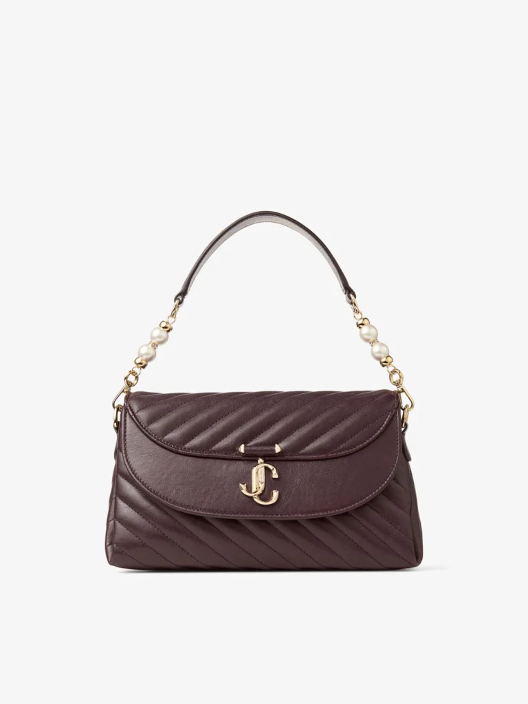 Jimmy Choo Curve Top Handle Deep Merlot Quilted Biker Leather Top Handle Bag with Pearl Embellishment