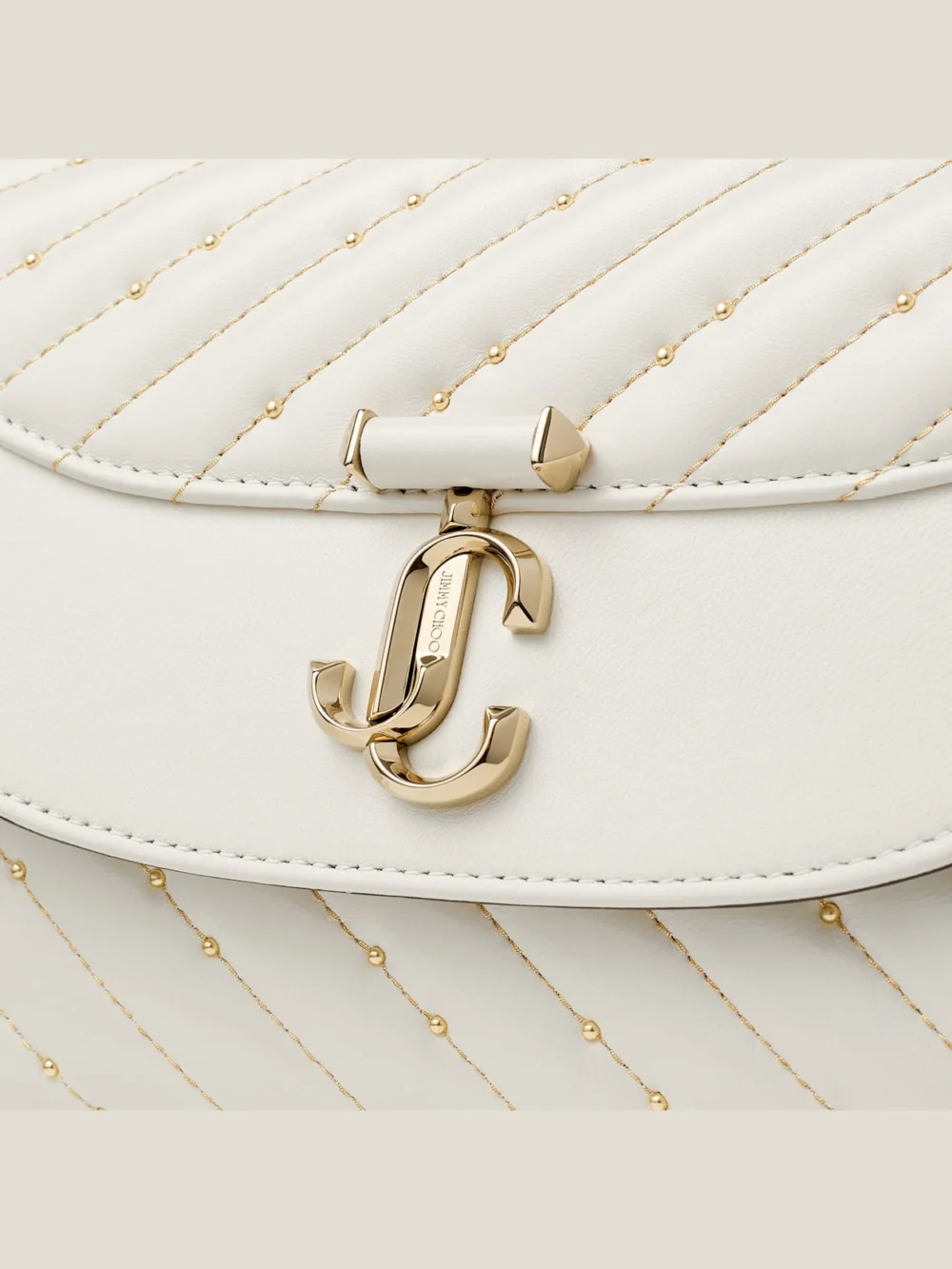 Back view of the Jimmy Choo Curve Top Handle Latte Quilted Nappa Leather Top Handle Bag with Pearl Detail