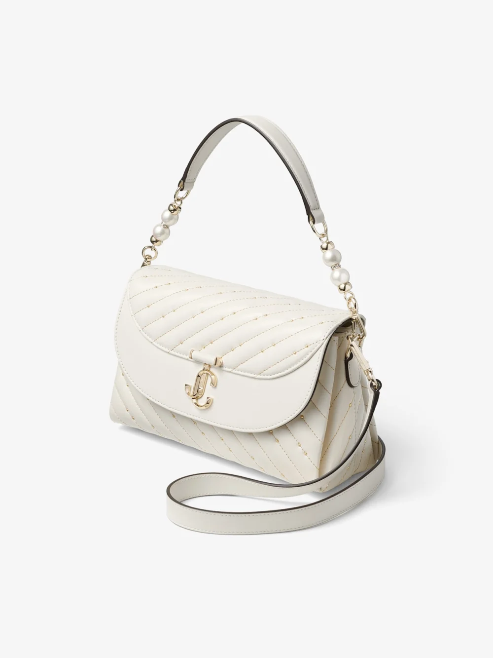Close-up detail of the Jimmy Choo Curve Top Handle Latte Quilted Nappa Leather Top Handle Bag with Pearl Detail