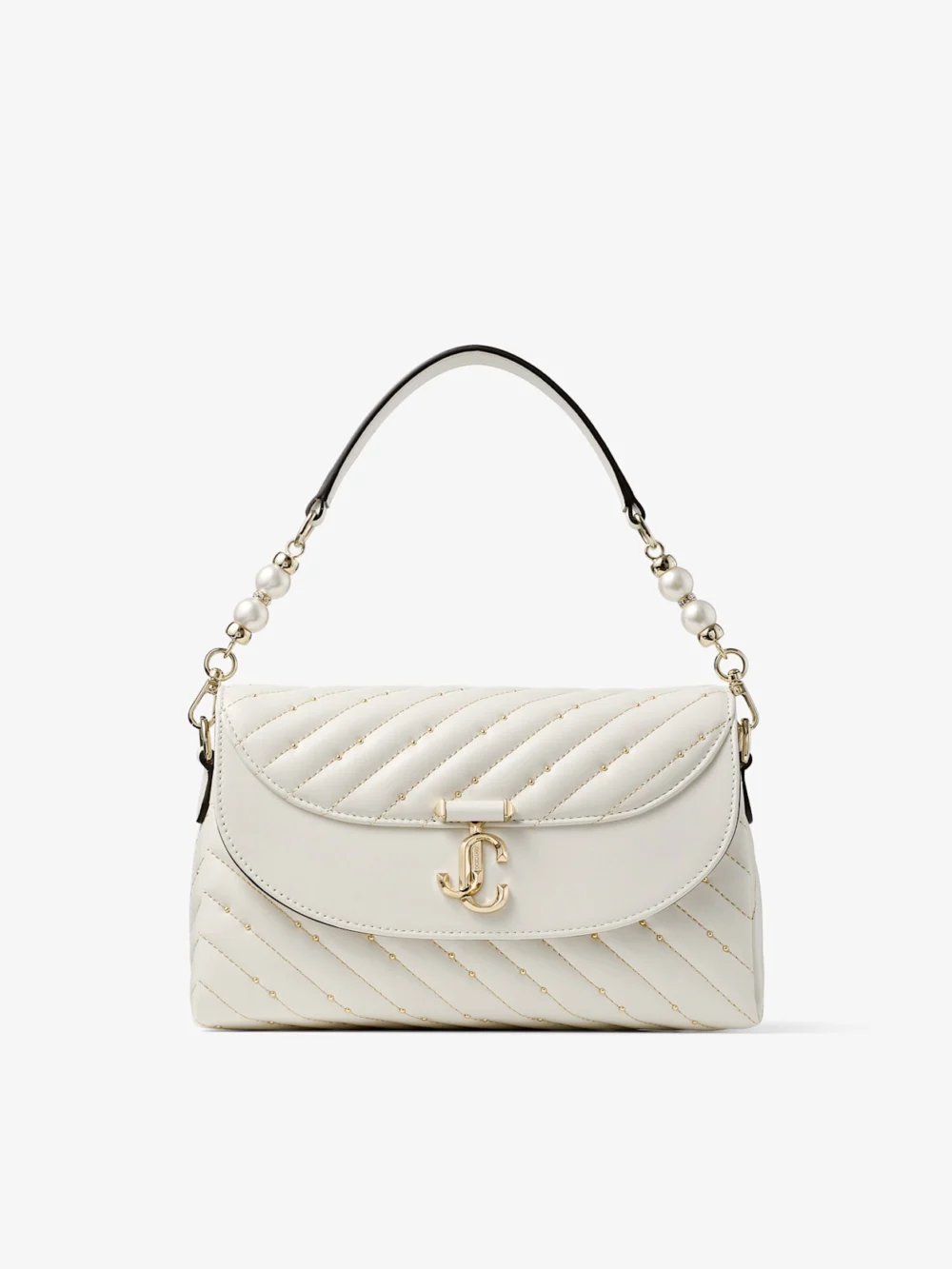 Jimmy Choo Curve Top Handle Latte Quilted Nappa Leather Top Handle Bag with Pearl Detail in latte