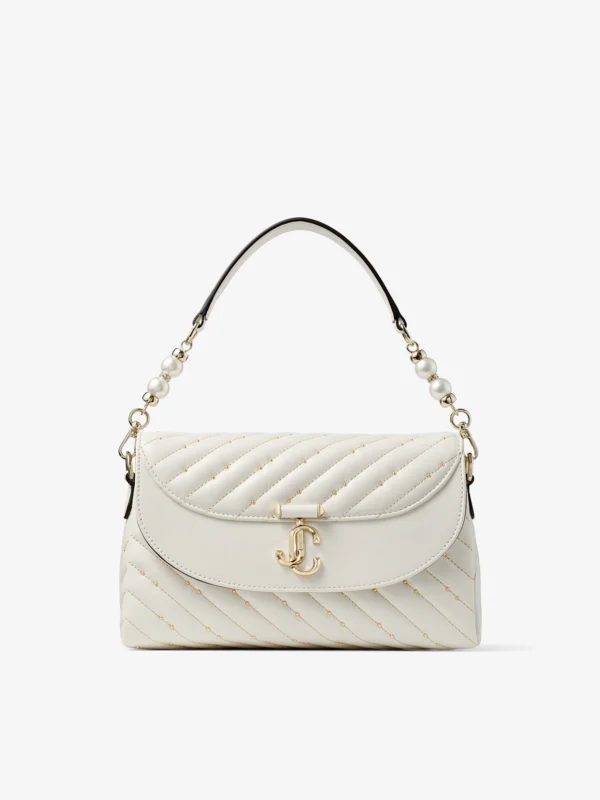 Jimmy Choo Curve Top Handle Latte Quilted Nappa Leather Top Handle Bag with Pearl Detail