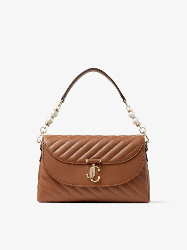 Jimmy Choo Curve Top Handle Tan Quilted Biker Leather Top Handle Bag with Pearl Detail