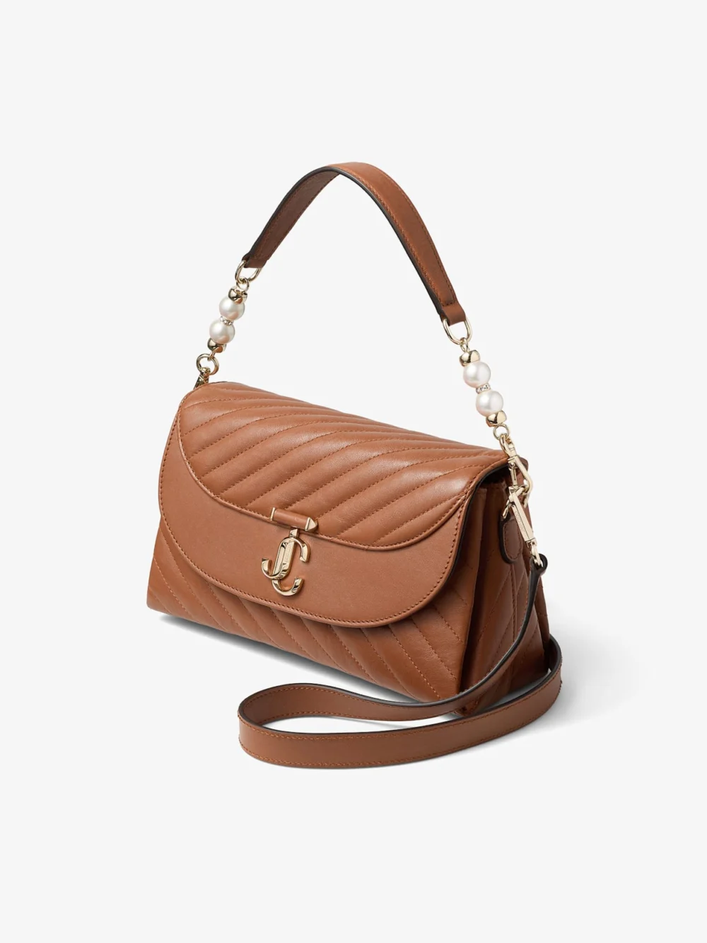 Side view of the Jimmy Choo Curve Top Handle Tan Quilted Biker Leather Top Handle Bag with Pearl Detail