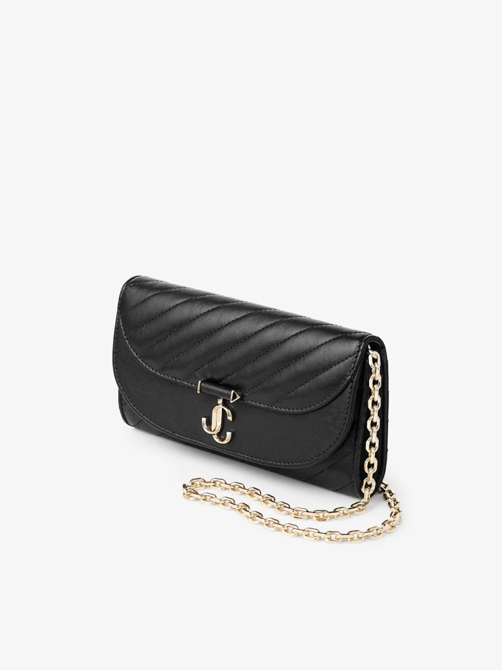 Side view of the Jimmy Choo Curve Wallet with Chain Black Quilted Biker Leather Wallet with Chain