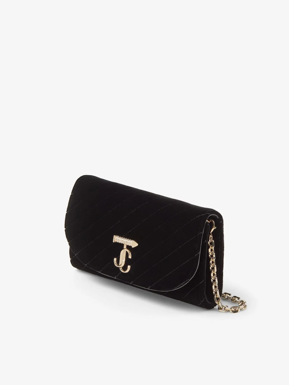 Close-up detail of the Jimmy Choo Curve Wallet with Chain Black Quilted Velvet Mini Bag with Crystal Jc Bar