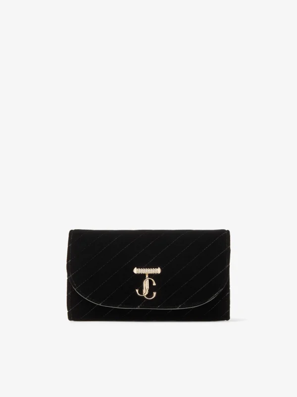 Jimmy Choo Curve Wallet with Chain Black Quilted Velvet Mini Bag with Crystal Jc Bar
