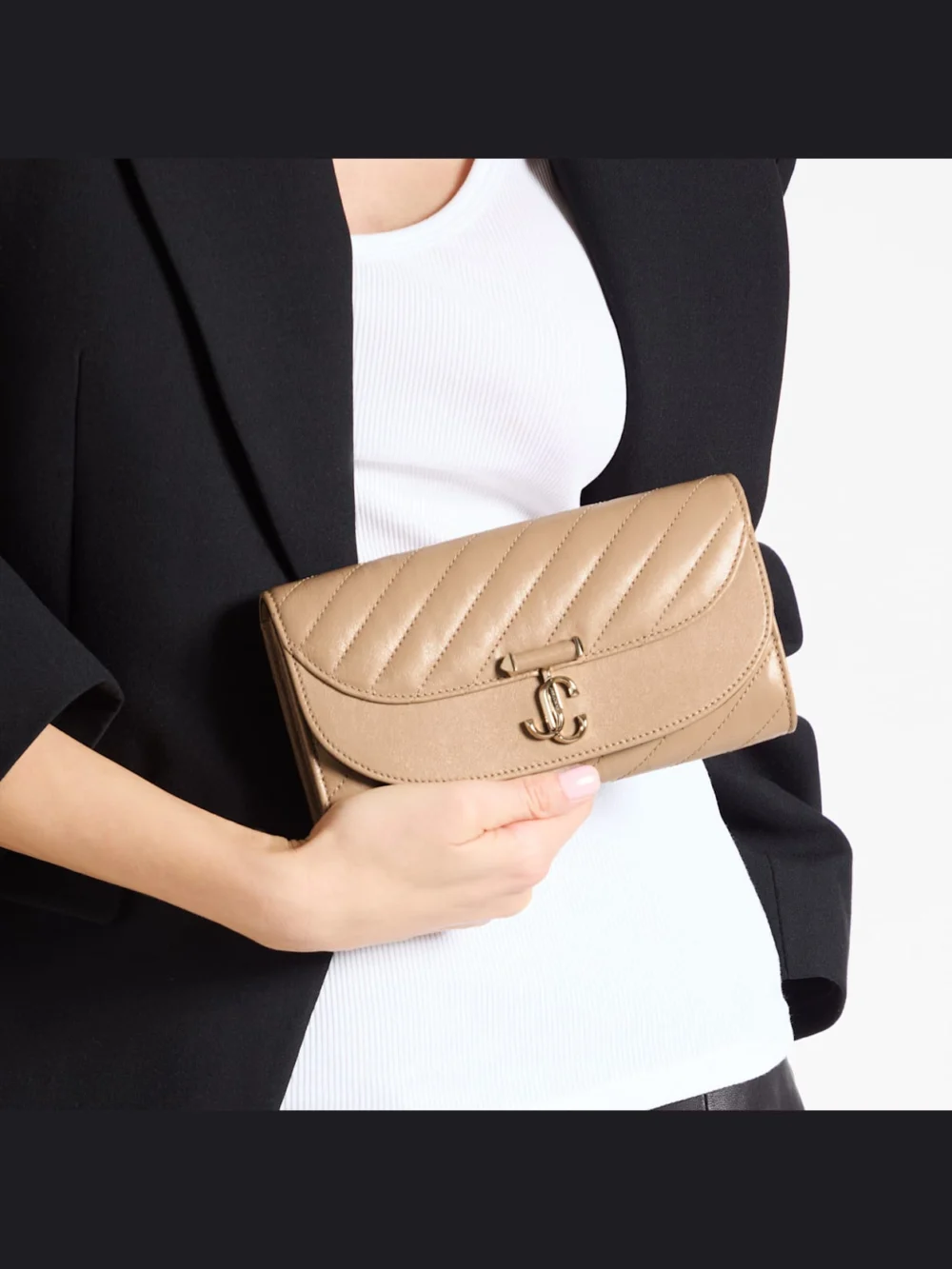 Side view of the Jimmy Choo Curve Wallet with Chain Chai Quilted Biker Leather Wallet with Chain