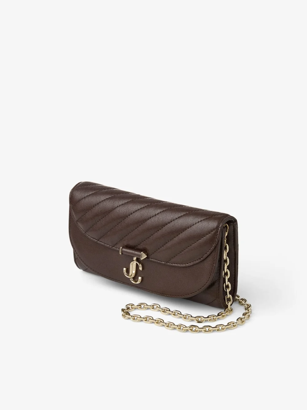 Close-up detail of the Jimmy Choo Curve Wallet with Chain Chocolate Quilted Biker Leather Wallet Chain