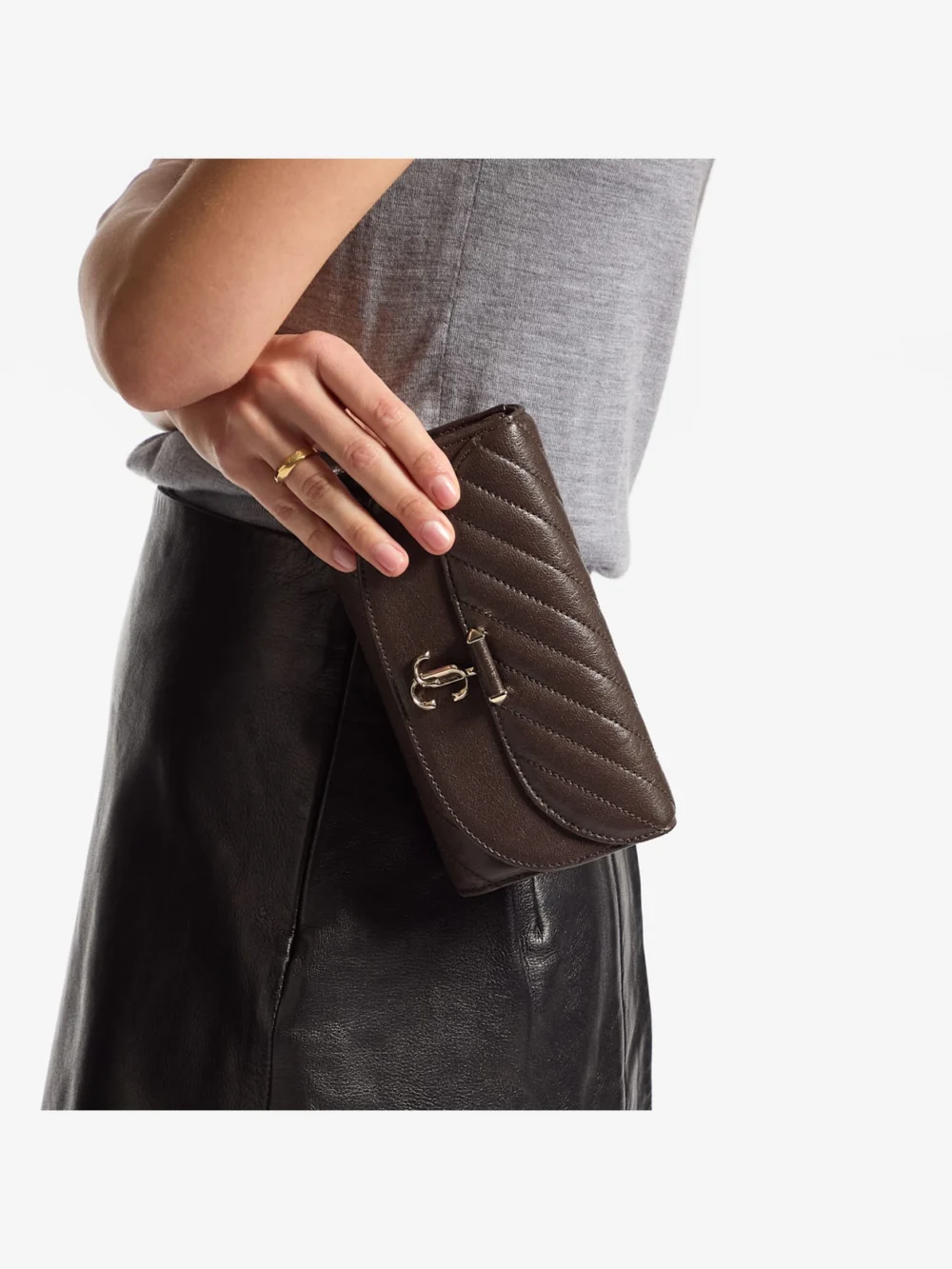 Side view of the Jimmy Choo Curve Wallet with Chain Chocolate Quilted Biker Leather Wallet Chain