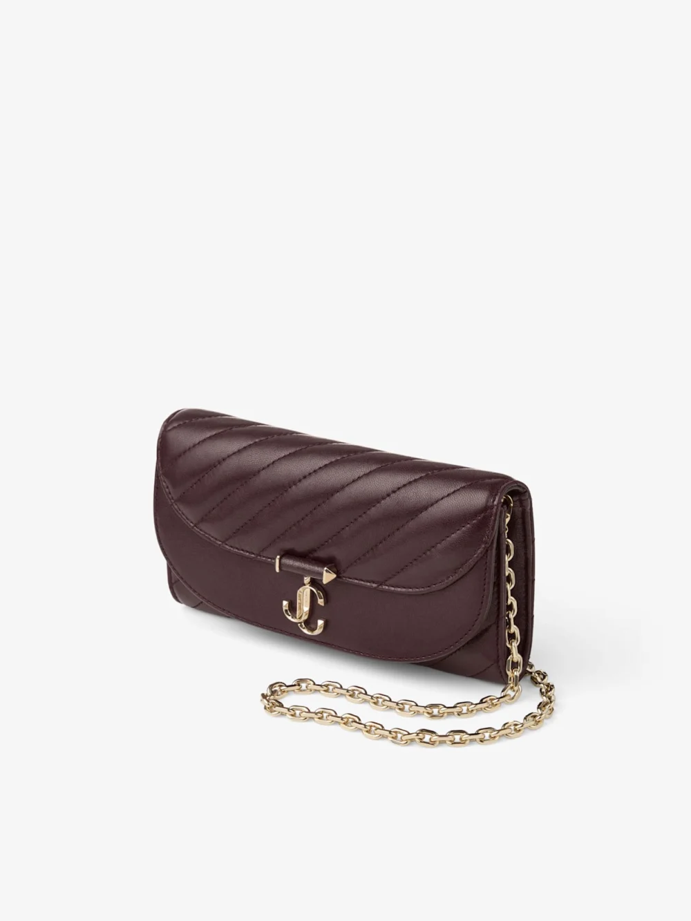 Close-up detail of the Jimmy Choo Curve Wallet with Chain Deep Merlot Quilted Biker Leather Wallet Chain