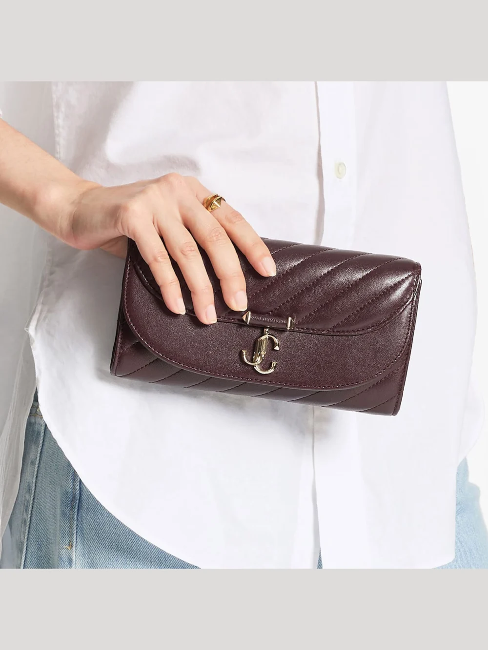 Side view of the Jimmy Choo Curve Wallet with Chain Deep Merlot Quilted Biker Leather Wallet Chain