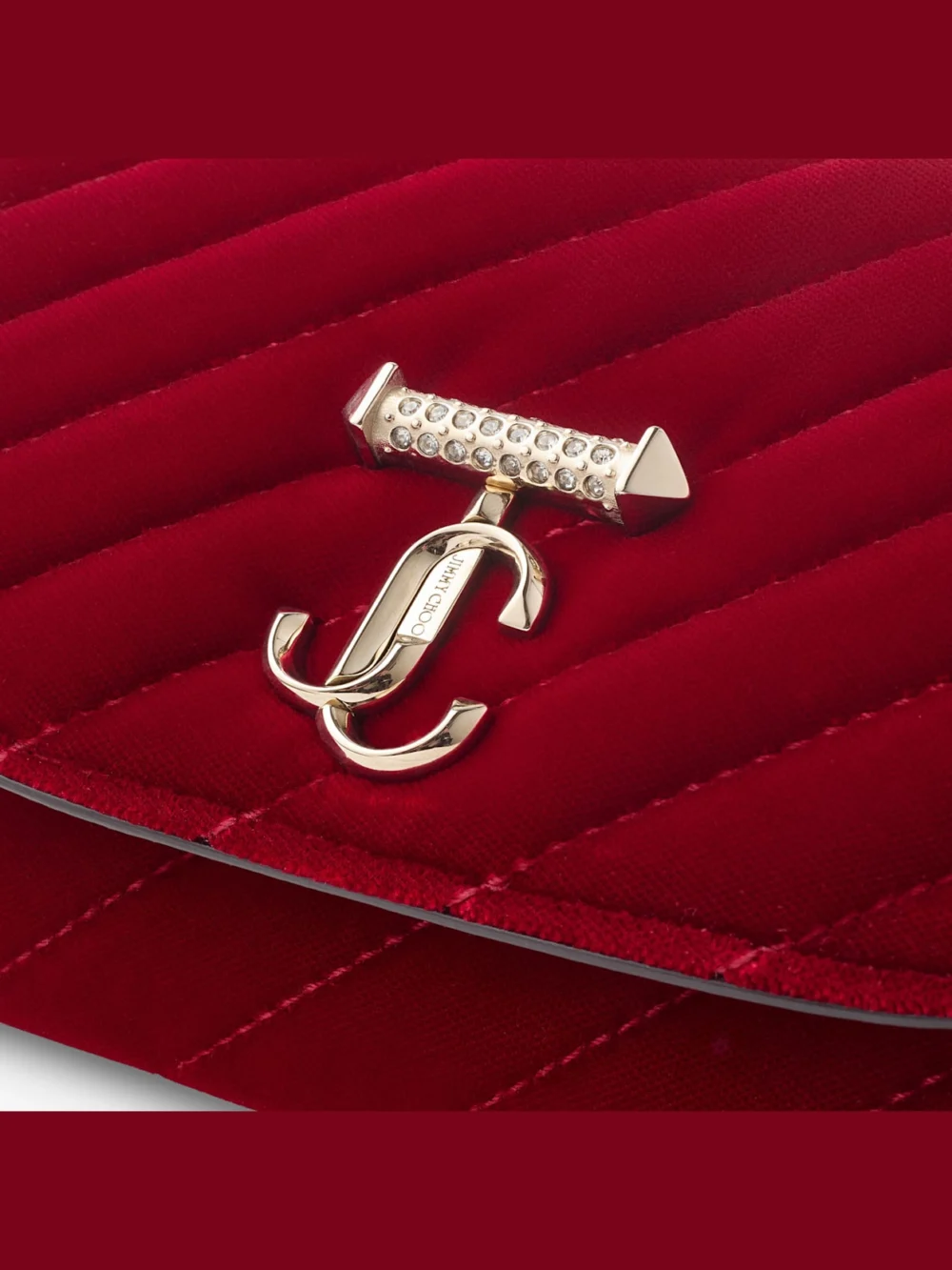Back view of the Jimmy Choo Curve Wallet with Chain Ruby Red Quilted Velvet Clutch Bag with Crystal Jc Bar