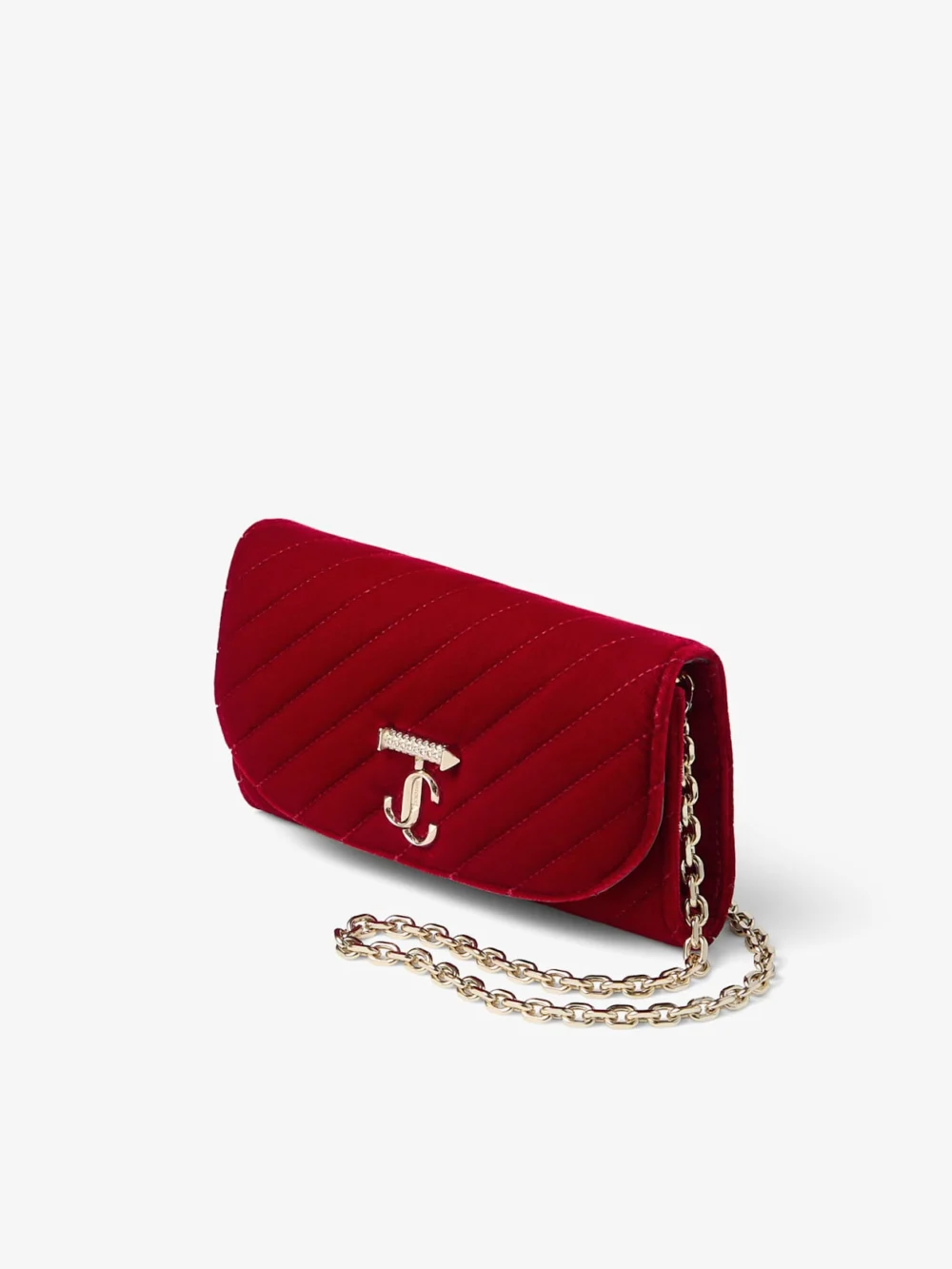 Close-up detail of the Jimmy Choo Curve Wallet with Chain Ruby Red Quilted Velvet Clutch Bag with Crystal Jc Bar