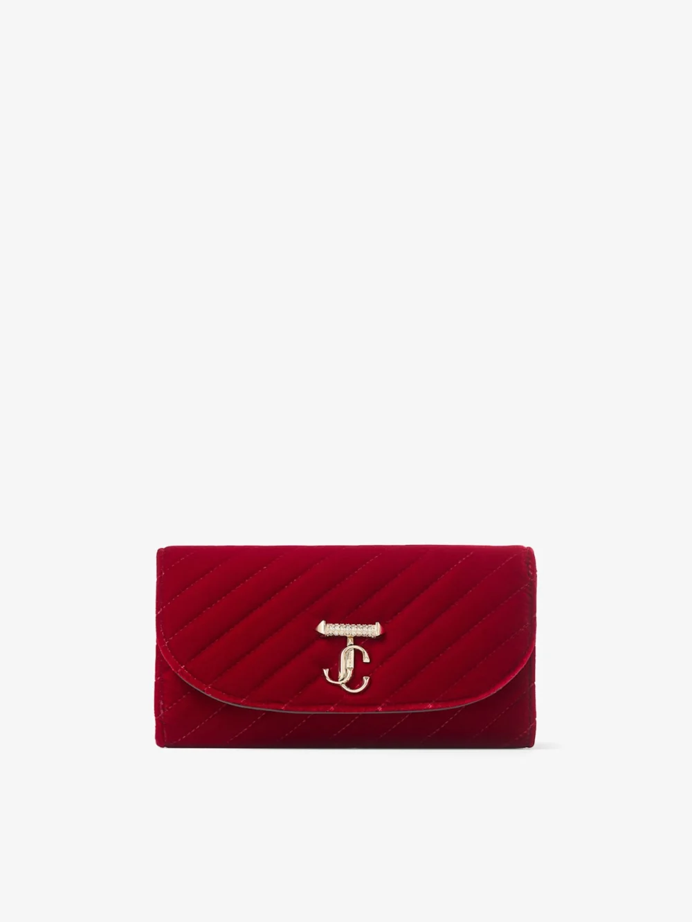 Jimmy Choo Curve Wallet with Chain Ruby Red Quilted Velvet Clutch Bag with Crystal Jc Bar in ruby red