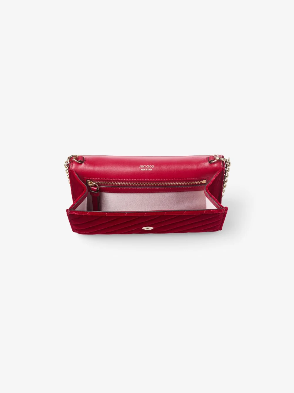 Jimmy Choo Curve Wallet with Chain Ruby Red Quilted Velvet Clutch Bag with Crystal Jc Bar, another view