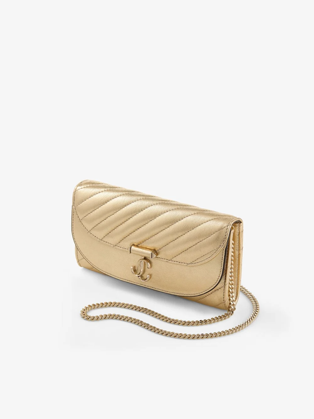 Close-up detail of the Jimmy Choo Curve Wallet with Chain Shiny Gold Quilted Metallic Leather Clutch