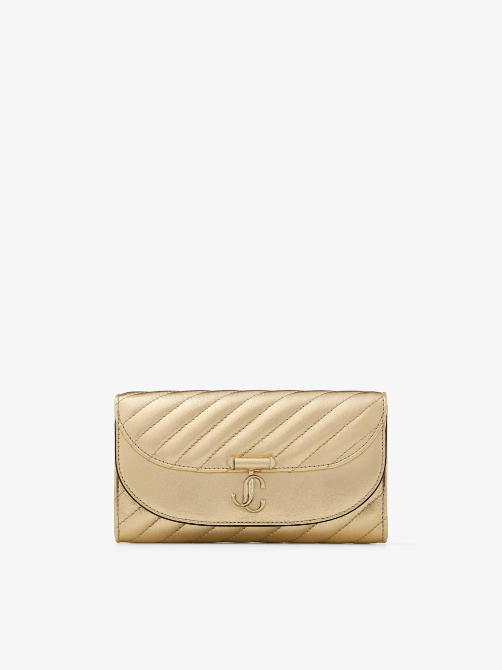 Jimmy Choo Curve Wallet with Chain Shiny Gold Quilted Metallic Leather Clutch in gold