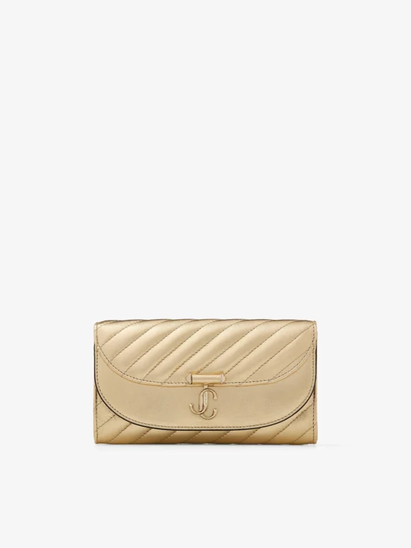 Jimmy Choo Curve Wallet with Chain Shiny Gold Quilted Metallic Leather Clutch