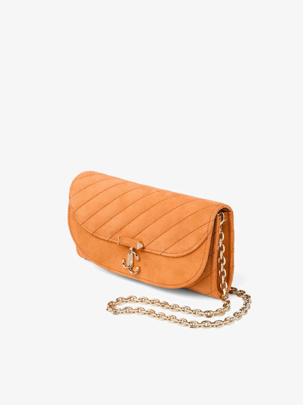 Close-up detail of the Jimmy Choo Curve Wallet with Chain Sunset Orange Quilted Suede Wallet with Chain