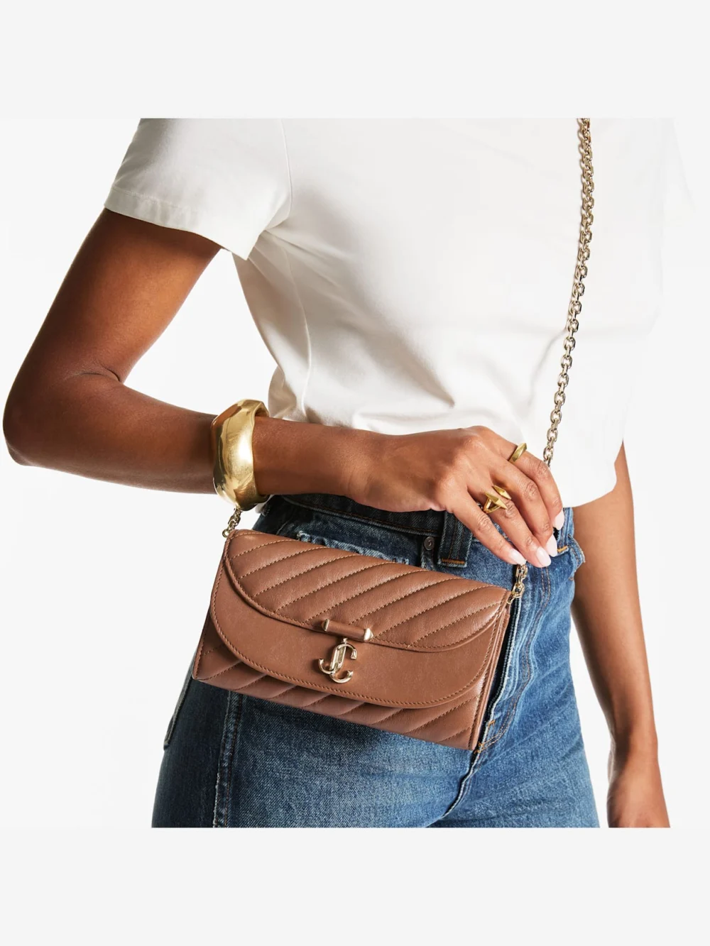 Side view of the Jimmy Choo Curve Wallet with Chain Tan Quilted Biker Leather Wallet with Chain