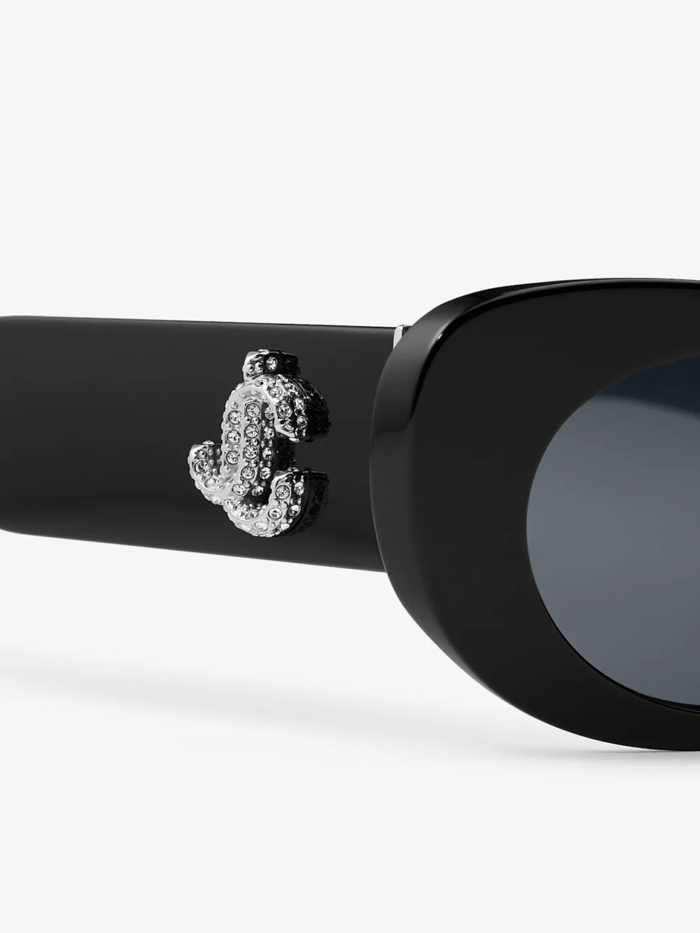 Close-up detail of the Jimmy Choo Danny Black Oval Sunglasses