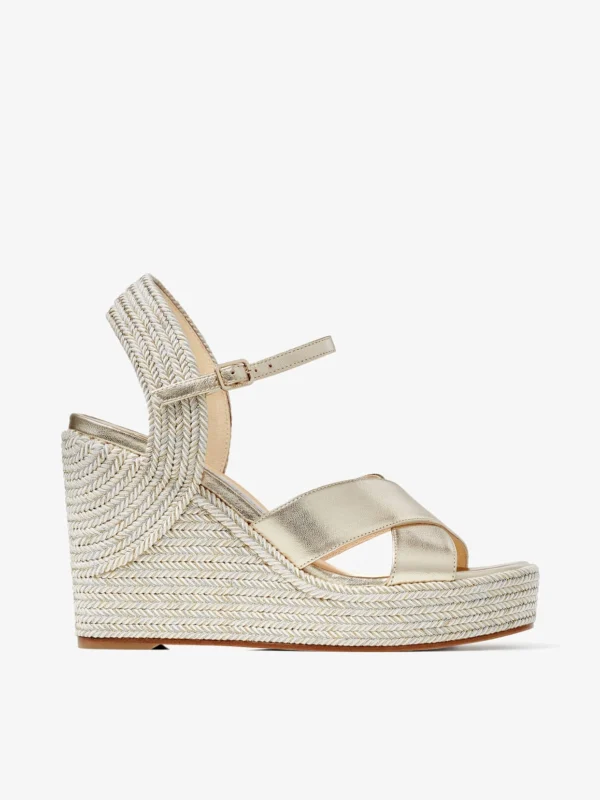 Jimmy Choo Dellena 100 Champagne Nappa Leather Wedge Sandals with Metallic Rope Thread