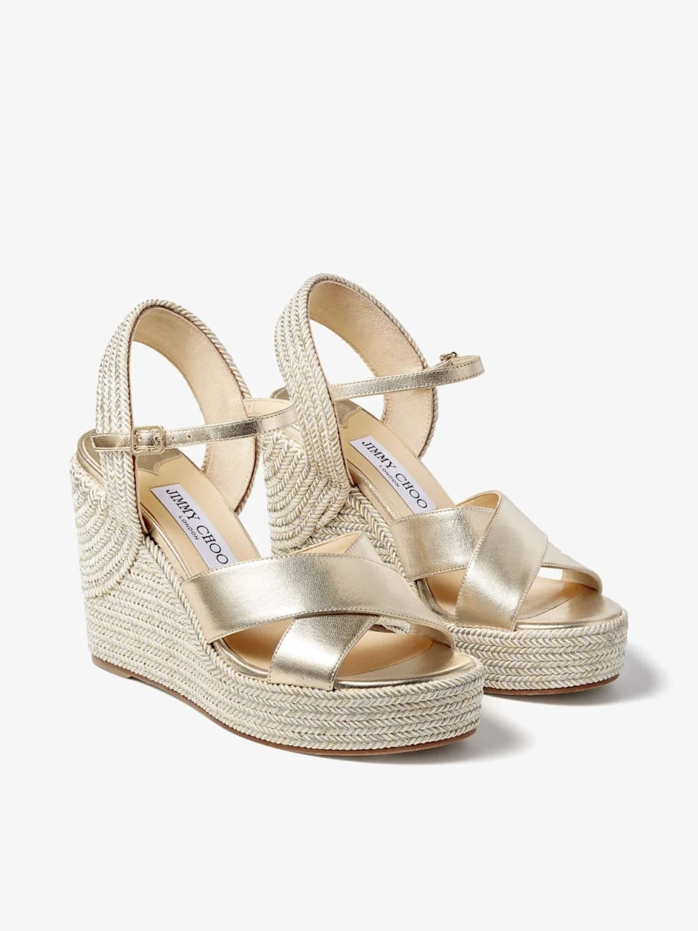 Side view of the Jimmy Choo Dellena 100 Champagne Nappa Leather Wedge Sandals with Metallic Rope Thread