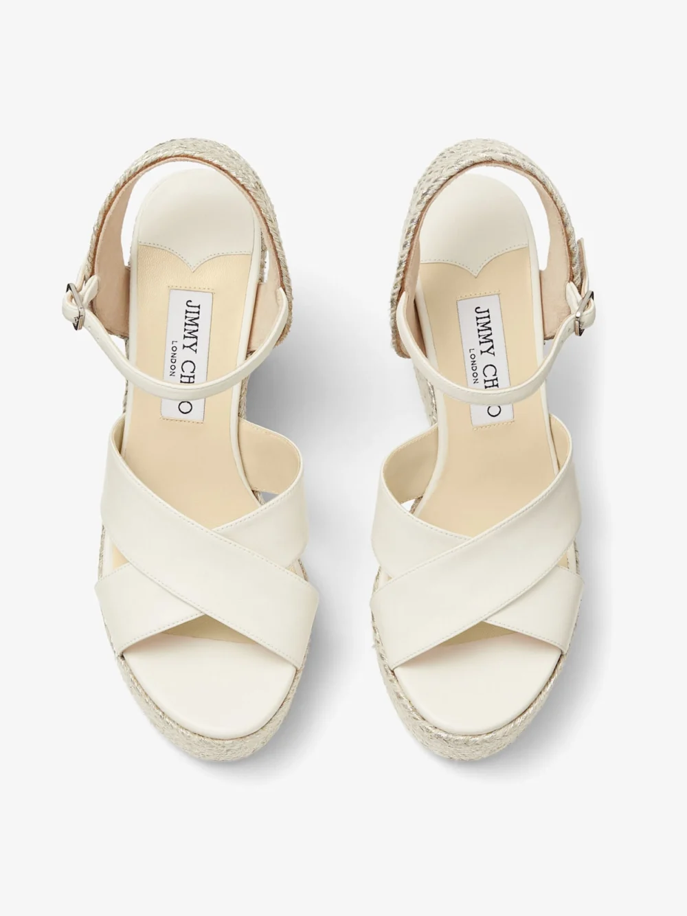 Close-up detail of the Jimmy Choo Dellena 100 Latte Nappa Leather Wedge with Metallic Rope Trim