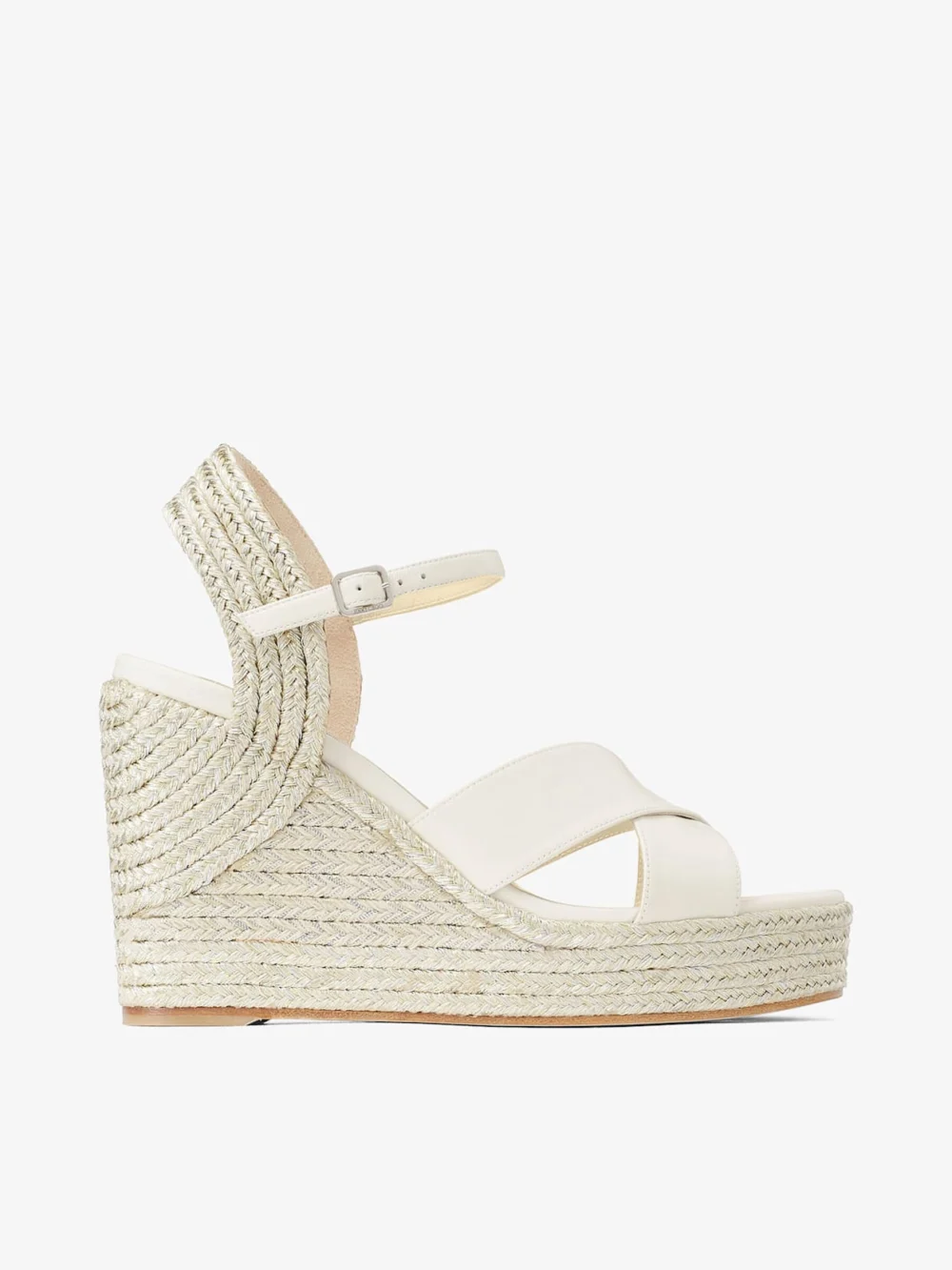 Jimmy Choo Dellena 100 Latte Nappa Leather Wedge with Metallic Rope Trim in neutral
