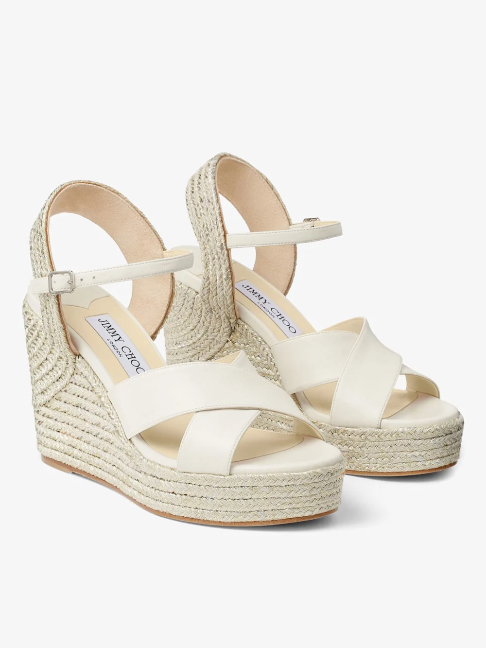 Side view of the Jimmy Choo Dellena 100 Latte Nappa Leather Wedge with Metallic Rope Trim