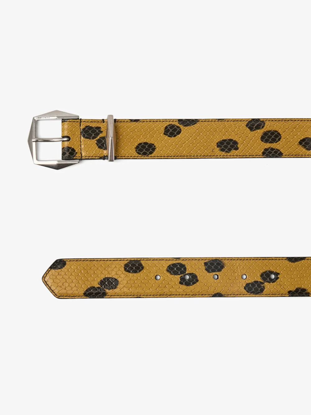 Back view of the Jimmy Choo Diamond Buckle Belt Spotted Elaphe Print Leather Belt with Diamond Buckle