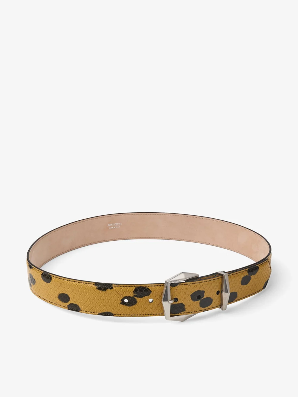 Close-up detail of the Jimmy Choo Diamond Buckle Belt Spotted Elaphe Print Leather Belt with Diamond Buckle