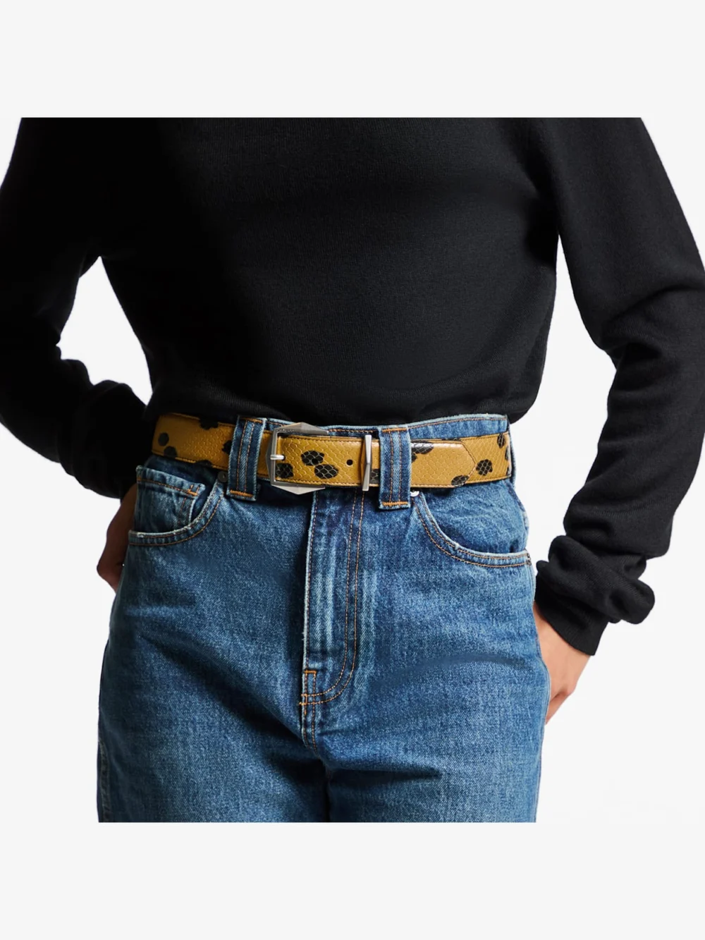 Side view of the Jimmy Choo Diamond Buckle Belt Spotted Elaphe Print Leather Belt with Diamond Buckle