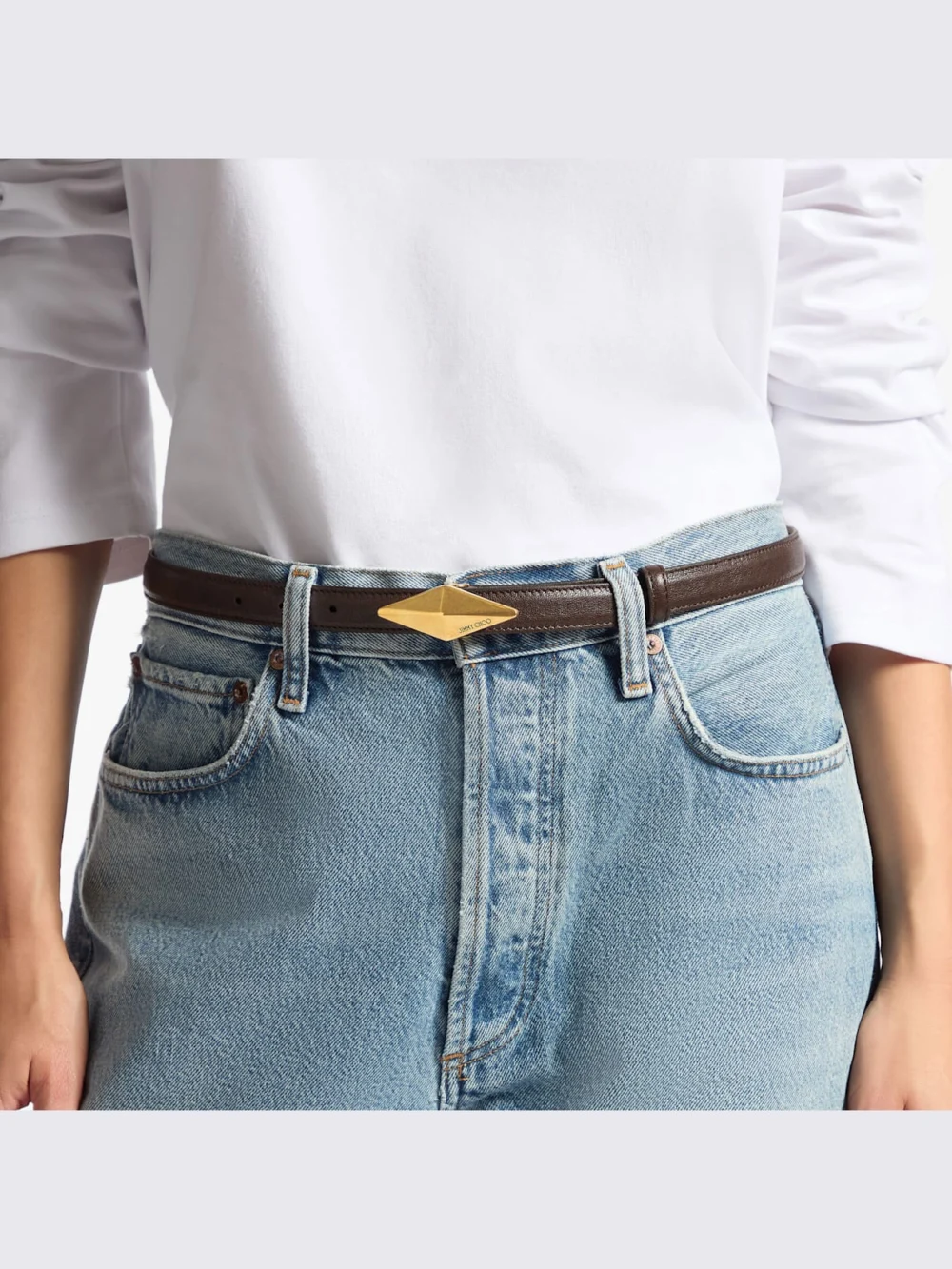 Side view of the Jimmy Choo Diamond Clasp Belt Chocolate Biker Leather Clasp Belt