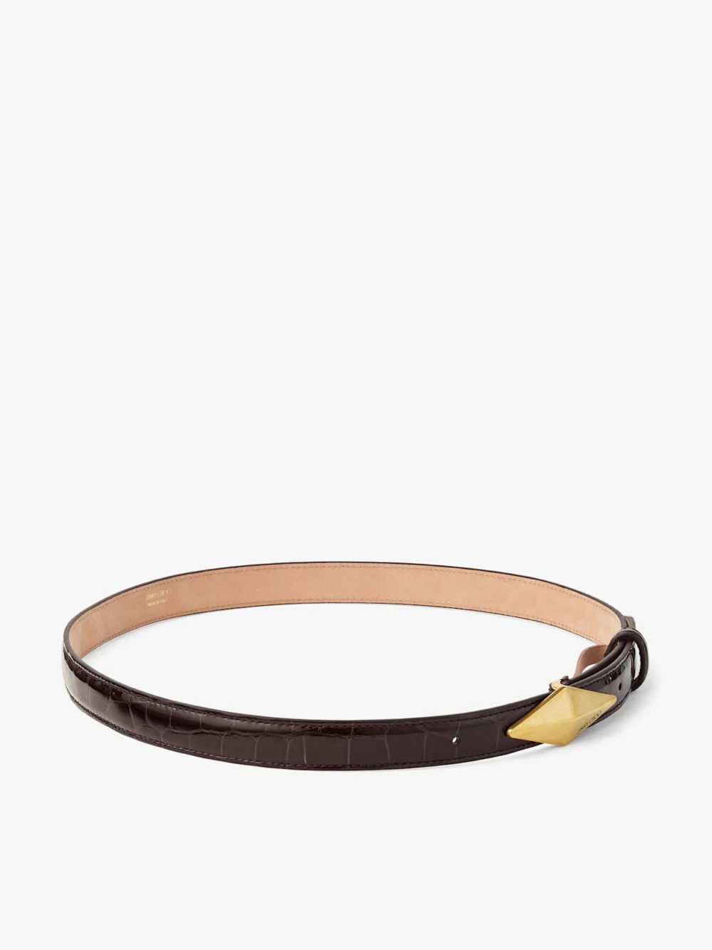 Close-up detail of the Jimmy Choo Diamond Clasp Belt Sambuco Shiny Croc Embossed Leather Belt