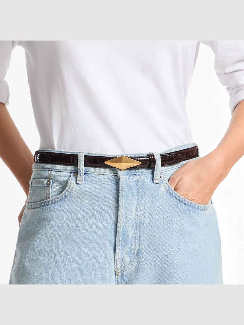 Side view of the Jimmy Choo Diamond Clasp Belt Sambuco Shiny Croc Embossed Leather Belt