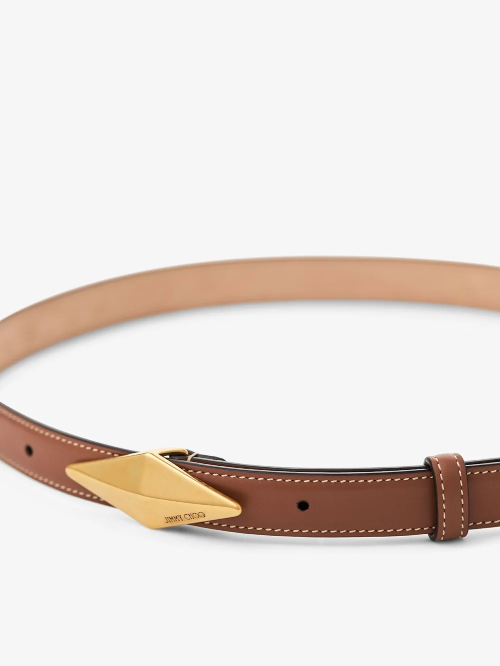 Close-up detail of the Jimmy Choo Diamond Clasp Belt Tan Calf Leather Stitched Belt