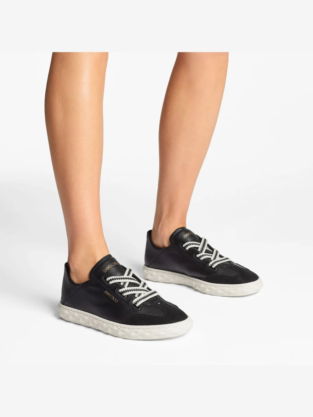 Side view of the Jimmy Choo Diamond Light Flex F Black Leather Trainers