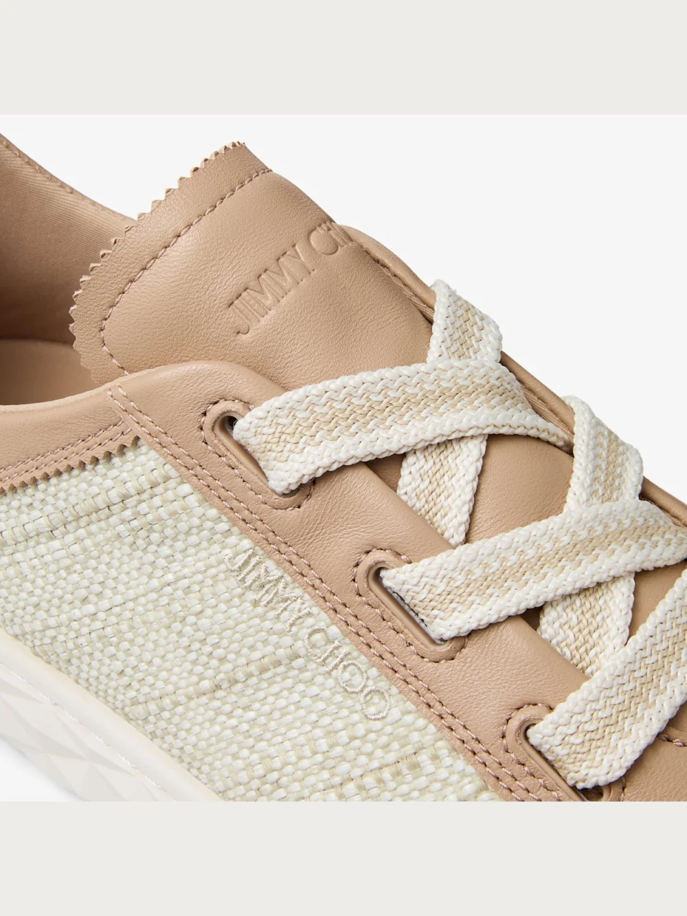Back view of the Jimmy Choo Diamond Light Flex F Chai and Natural Leather Mix and Fine Raffia Trainers