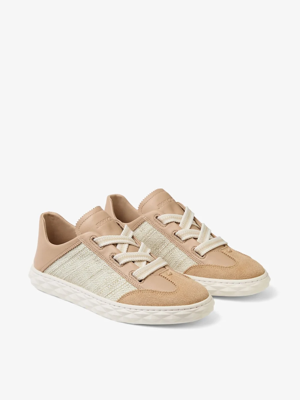 Close-up detail of the Jimmy Choo Diamond Light Flex F Chai and Natural Leather Mix and Fine Raffia Trainers